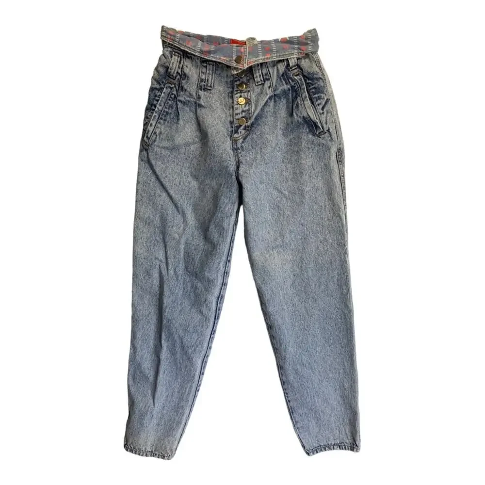 Vintage 80s no problem womens 26 small 11/12 fold over paper bag jeans acid wash